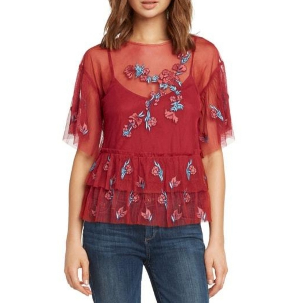 Willow & Clay Red Embroidered Sheer Tiered Blouse